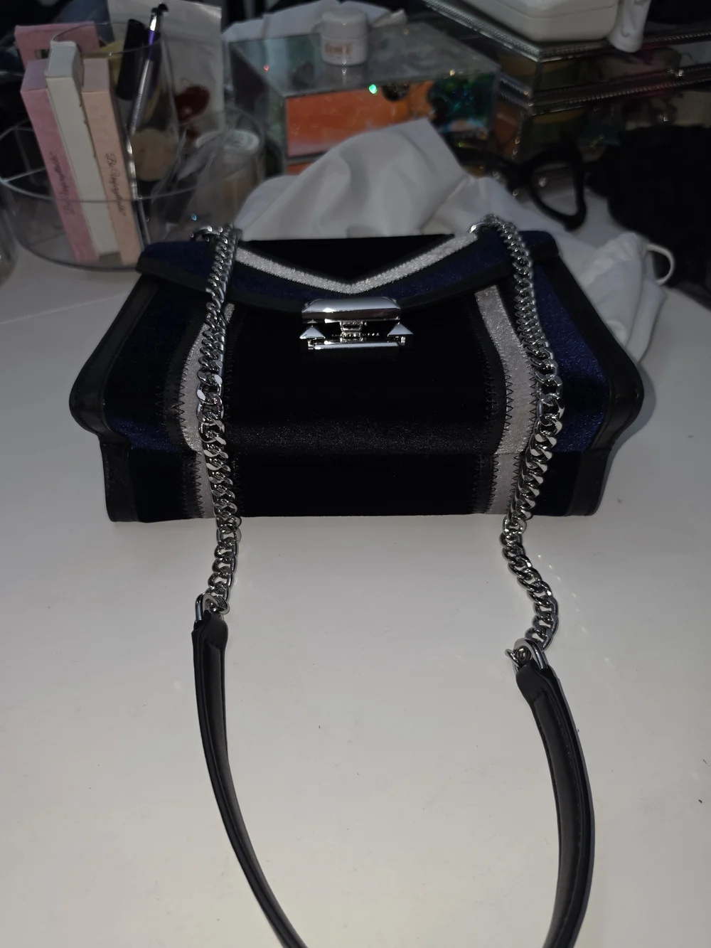 Michael Kors Navy and Black Velvet Chain Shoulder Bag